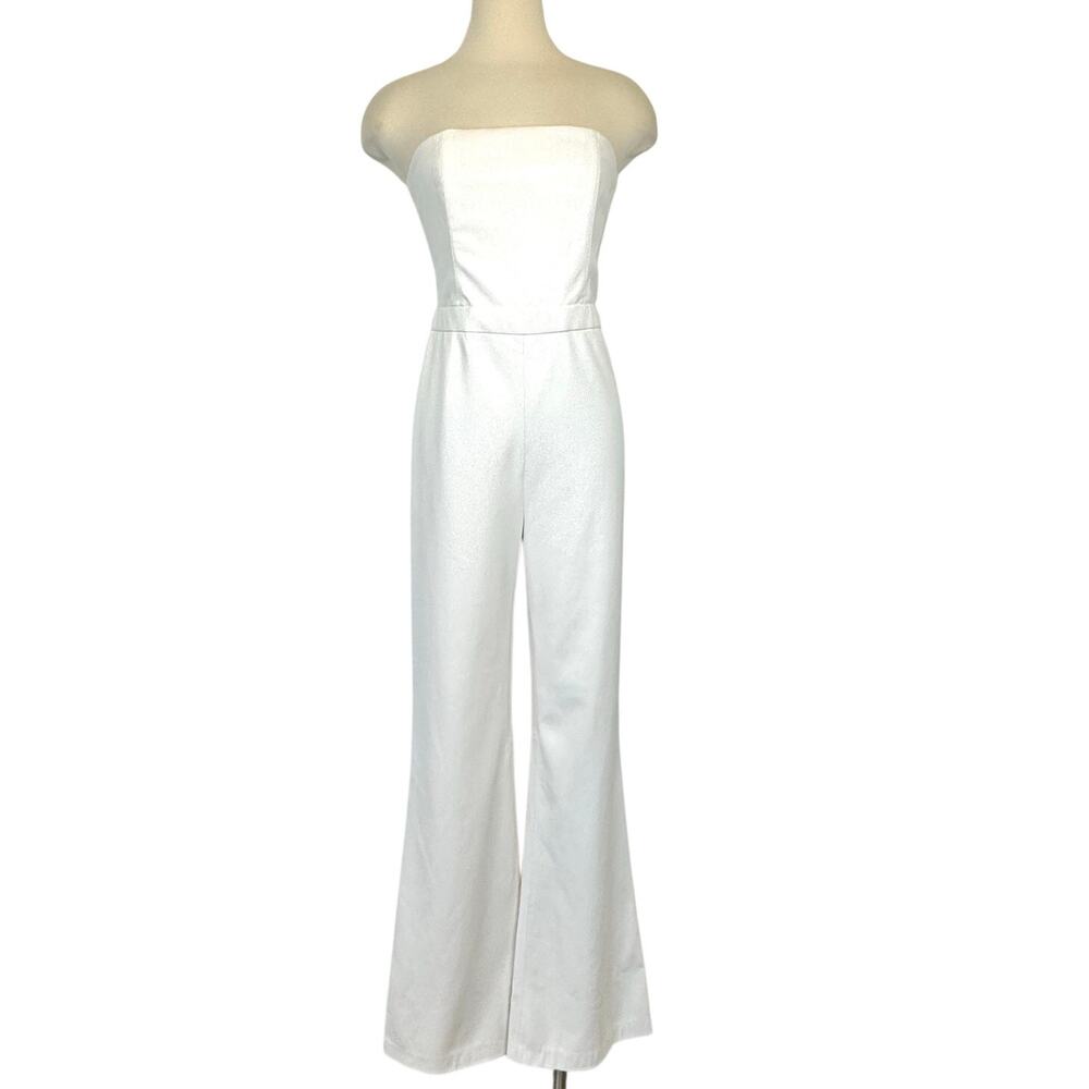 Alice + Olivia Lavera Strapless Faux Leather Jumpsuit Flare-Leg Off-White 8 NWT